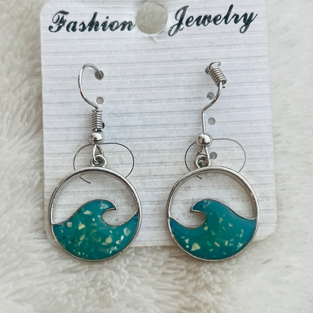 Silver Tone Teal Blue Ocean Wave Resin Drop Dangle Earrings Beach Jewelry